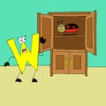 The letter w is shocked when opening the cupboard cartoon illustration