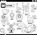Letter w words educational set coloring book page Royalty Free Stock Photo