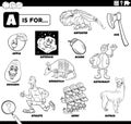 Letter a words educational set for children coloring page Royalty Free Stock Photo