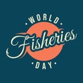 Letter World Fisheries Day with fishing hook on the word fisheries emblem design Royalty Free Stock Photo