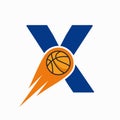 Letter X Basketball Logo Concept With Moving Basketball Icon. Basket Ball Logotype Symbol