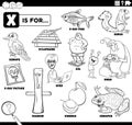 Letter x words educational cartoon set coloring page Royalty Free Stock Photo