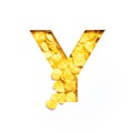 Letter Y of alphabet made of bio cereals corn flakes and paper cut isolated on white. Typeface for healthy food store