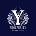 Letter Y in the Sunlight. Coat of Arms with a Floral Wreath. Art Logo Design. Luxurious Monogram for Personal or Family Emblem,