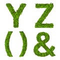 Letter Y, Z, and icon, green grass vector font set