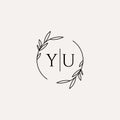 Letter YU wedding monogram logo design with simple natural circle leaf frame Royalty Free Stock Photo