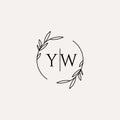 Letter YW wedding monogram logo design with simple natural circle leaf frame Royalty Free Stock Photo