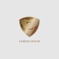 Letter Z alphabet logo design template. Luxury gold decorative shield sign illustration. Security, protection logo concept.