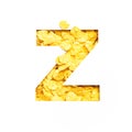 Letter Z of alphabet made of bio cereals corn flakes and paper cut isolated on white. Typeface for healthy food store