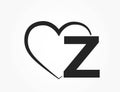 Letter z and heart. decorative initial letter for valentine`s day design. and love symbol. isolated vector image