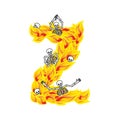 Letter Z hellish flames and sinners font. Fiery lettering. Infer