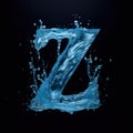 Letter Z made of water. Font with splashes and drops of blue liquid. Typographic symbol with jet and splash