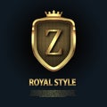 Letter Z on the shield with crown isolated on dark background. Golden 3D initial logo business vector template. Luxury Royalty Free Stock Photo