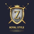 Letter Z and two crossed swords and shield with crown. Letter Design in gold color for uses as heraldic symbol of power Royalty Free Stock Photo