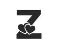 Letter z with two hearts. decorative initial letter for valentine`s day design. romantic and love symbol
