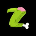 Letter Z zombie font. Monster alphabet. Bones and brains lettering. Green Terrible ABC sign