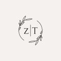 Letter ZT wedding monogram logo design with simple natural circle leaf frame Royalty Free Stock Photo
