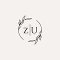 Letter ZU wedding monogram logo design with simple natural circle leaf frame Royalty Free Stock Photo