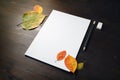 Letterhead, pencil, eraser, autumn leaves Royalty Free Stock Photo