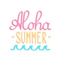 The lettering Aloha summer, in a trendy calligraphic style, with abstract wave.
