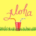 Lettering AlohaText with Red Plastic Cup. Hand Sketched Vacation Typography Sign for Badge, Icon, Banner Royalty Free Stock Photo