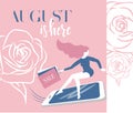 Lettering August is here. Pink girl on smartphone in a hurry to sale with shopping bags Vector discount banner with roses for