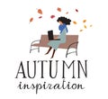 Lettering Autumn inspiration. Elegant woman in a coat sits on a bench on the street and writes on the computer