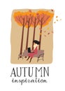 Lettering Autumn inspiration. Elegant woman sits on a park bench and writes in a computer