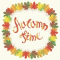 Lettering autumn series. Colorful maple leafs frame on white, Autumn time, vector Royalty Free Stock Photo