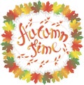 Lettering Autumn time. Colorful maple leafs frame on white, rose fruits, branch with leaves and fruits, vector Royalty Free Stock Photo