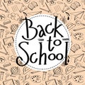 Lettering Back to school on white circle and seamless background. Royalty Free Stock Photo