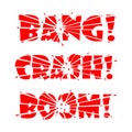 Lettering Bang, Crash, Boom. The letters are split into pieces by impact or explosion and shards of letters flying in all directio
