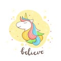 Lettering Believe and Unicorn on Yellow Background