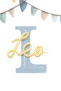 Lettering. Capital letter. English. Blue letter L on the white background with the name LEO and flags on the top of the picture.