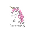 Lettering and a cartoon unicorn on a white background.