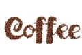 Lettering coffee. Coffee beans in the form of a text coffee, white background