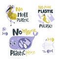 Lettering compositions with sad sea animals and plastic garbage in the ocean. No more plastic