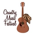 Lettering Country Music Festival and acoustic guitar with cowboy hat. Music poster, invitation Royalty Free Stock Photo