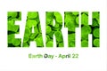 Lettering Earth Day April 22 on the background of clover. Earth day concept, protection of the planet from pollution, improvement