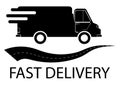 Lettering fast delivery with truck in glyph style. Shipping fast delivery truck with road icon symbol, Pictogram flat design for a