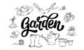 Lettering Garden word surrounded by gardener`s attributes