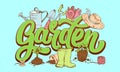 Lettering Garden word in fresh greenery surrounded by gardener`s attributes