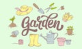Lettering Garden word surrounded by gardener`s attributes