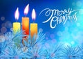 Lettering and glowing xmas candles with melted wax, christmas tree on blue bokeh background.