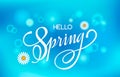 Lettering greeting card. Handwritten lettering. Hello spring on a bright blue sky background with bokeh effect and spring meadow Royalty Free Stock Photo