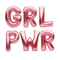 Lettering GRL PWR or girl power made of rose golden inflatable helium balloons isolated on white. Gold pink foil balloon font