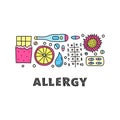 Lettering and group of doodle colored allergy icons.