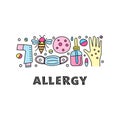 Lettering and group of doodle colored allergy icons.