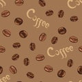 Coffee seamless pattern. Coffee beans and lettering on brown background. Royalty Free Stock Photo