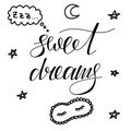 Lettering hand drawing composition Sweet dreams with stars, moon. mask for sleep. Sketching text for postcard, icon Royalty Free Stock Photo